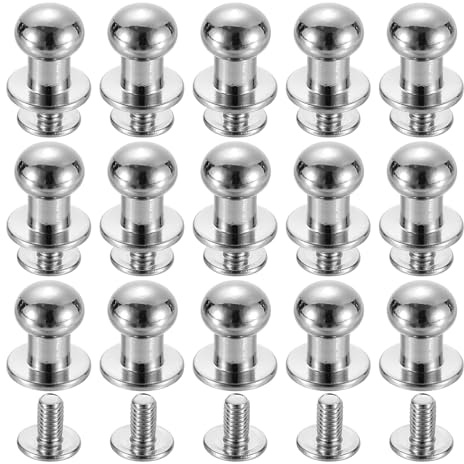 QUARKZMAN 15 Juegos de Remaches de Cabeza de Bola de Latón, Botón de Remache de Pezón con Tornillo de 8 mm de Diámetro para Manualidades en Cuero, Color Plata