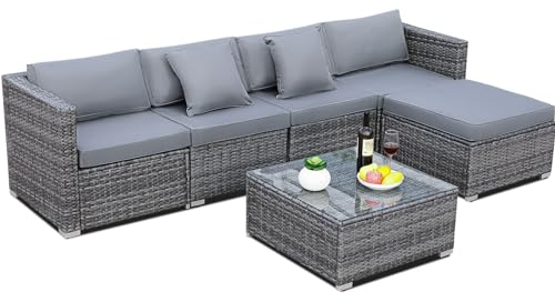 Polyrattan Gartenlounge Set 6-teilig, Outdoor Sitzgruppe mit 2 Sesseln Couchtisch, Wetterfest Balkonmöbel Set für 6 Personen, frei Kombinierbar inkl. 2 Polster, für Garten Terrasse Balkon, Grau
