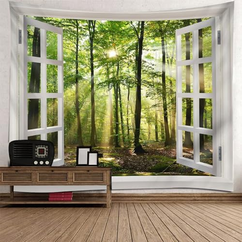 Mesnt Wandbehang Natur Bild Fensterblick, Weißes Fenster mit natürlicher Waldlandschaft draußen Wandteppich Wandkunst für Schlafzimmer Wohnzimmer Dorm Decor Wandteppich, 210x140cm