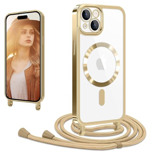 CaseLover Magnetische Handyband kompatibel iPhone 15 Hülle mit Band Klare Silikon Necklace Handyhülle mit Kordel zum Umhängen Stossfest mit Kameraschutz Bumper Schutzhülle für iPhone 15, Gold