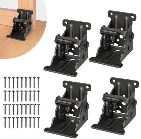 4 Pack Folding Brackets, Self-Lock Hinge with Screws for Folding Table Legs, Lock Extension Support Bracket Bed Legs, Black