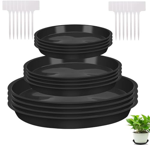 HREDZEO 12 Pcs Plant Pot Saucers with Label,Garden Plant Saucer Plant Pot Saucers Black Plant Saucer Waterproof Plant Tray Flower Pot Drip Tray for Indoor Outdoor Garden Plants(13cm/18cm/23cm,Black)