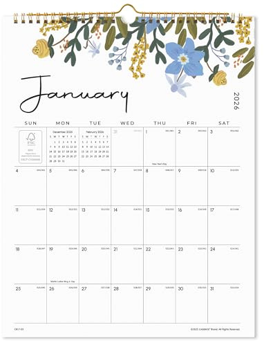 Wall Calendar 2026, Cabbrix 18 Monthly Academic Calendar from January 2026 to June 2027, 14-1/2x11-2/5, Hanging Hook, Twin-Wire Binding, Floral Design for Easy Organizing
