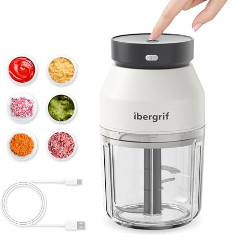Ibergrif M503 Picadora Electrica de Alimentos, Trituradora de Alimentos Electrica Multifunción, 400 ml, Cargador USB Portátil Mini Picadora para Cebollas, Frutas, Nueces, Carne, Ajo