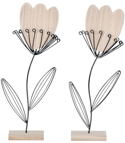 levandeo 2er Set Deko Aufsteller Blume Metall Holz Schwarz Natur Draht Deko Tischdeko Tulpe Frühling Figur Wohndeko