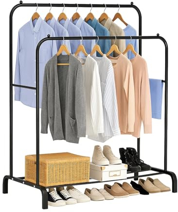 M.J COMFY-LIFE Clothes Rail Freestanding Clothing Garment Rack for Bedroom Metal Hanging Rack for Coats Stores Boxes Shoes Hanging Rail for Laundry Room (Double Rail, Blcak)