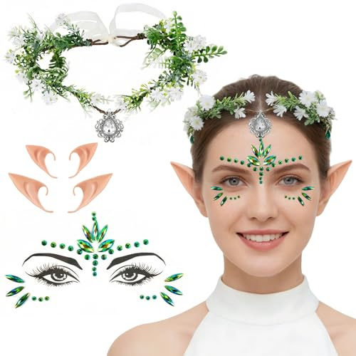 Karneval Waldfee Kostüm Damen,Elfen Kostüm Damen,Glitzer Gesicht,Glitzersteine Gesicht,2 Paar Elfenohren und Haarschmuck Blumenkranz Haare für Hochzeit,Karneval und Cosplay