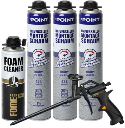 POINT B2 Universeller Montageschaum Set [3 x 850 ml] inkl. Schaumpistole mit Teflonbeschichtung und Pistolenreiniger [1 x 500 ml] – PU-Schaum für Profis