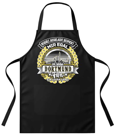 UGLYSHIRT Grillschürze Herren – „Ein Leben lang Dortmund“ – BBQ Schürze mit Spruch für Männer – Geschenk für Fußballfans, Dortmunder, Grillmeister – Schwarz, Einheitsgröße, witziges Grillzubehör