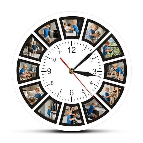 Orologio da parete personalizzato con foto, orologio da parete in legno, orologio da parete personalizzato con 12 foto, silenzioso, senza ticchettio, 30 cm per soggiorno, camera da letto e cucina