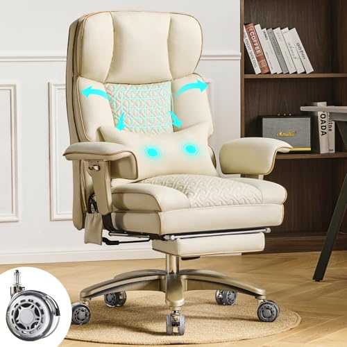 Chaise De Bureau Ergonomique Avec Accoudoirs Réglables Et Soutien Lombaire, Chaise De Direction Robuste En Cuir, Grande Et Haute, Supportant Jusqu'à 230 Kg, Avec Siège Réglable En Hauteur, Beige