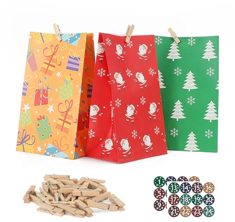 Adventskalender zum Befüllen 2025,24 DIY Adventskalender zum Befüllen mit Aufkleber Weihnachten,Weihnachtskalender zum Befüllen mit Aufkleber und Holzklemme für Erwachsene