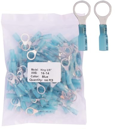 100pcs 3/8 Blue Marine Grade Heat Shrink Ring Connectors, AWG 16-14 Gauge Tinned Red Copper 0.7mm Ring Terminals Connectors – Stable Connection, Efficient Protection