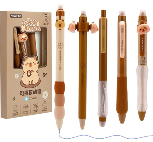 Nurila 5 Stück Radierbarer Kugelschreiber, Radierbare Stifte mit Radiergummi, Tinte Gelstifte Radierbar, Erasable Pen für Büro, Schule, Schreiben, Süßes Wasserschwein Radierstifte (0.5mm Blaue)