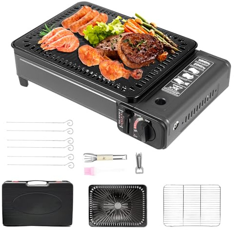 2-in-1 Camping Gasgrill Set Campinggrill Balkon-Grill Tischgrill Campingkocher Mit Grillgitter & Grillplatte Outdoor Picknick BBQ Grill