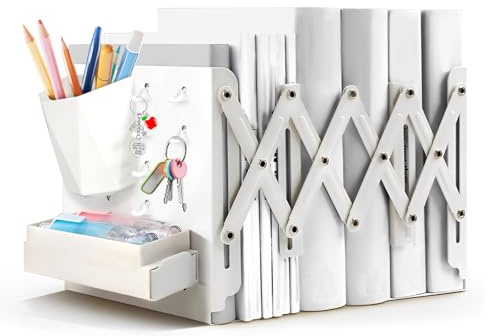 Adjustable Expandable Bookends, Non Slip Metal Book Stopper Desk Organiser with Pen Holder Hooks for Home Office School Library
