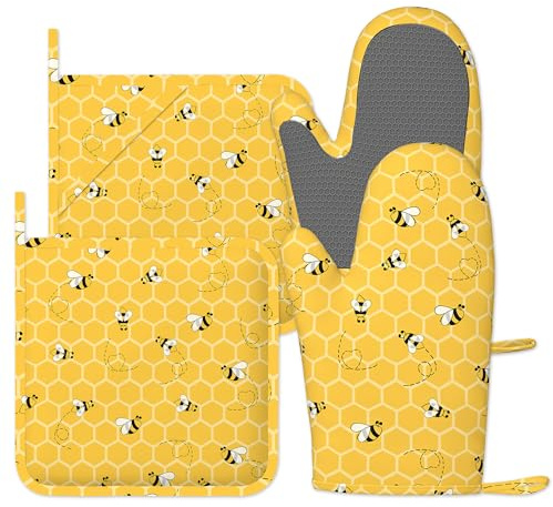 Yellow Honey Honeycomb Oven Gloves Heat Resistant, Oven Mitts and Pot Holder Cute Bee Kitchen Non-Slip Silicone Cooking Microwave Gloves for Cooking Baking Grilling