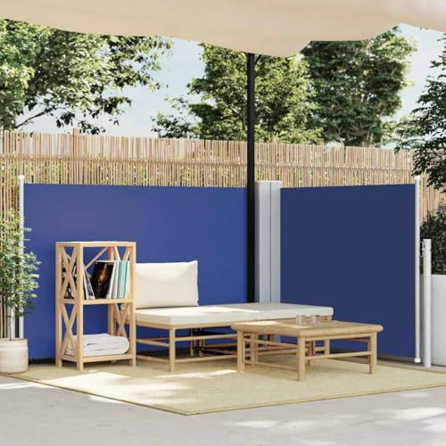 Holamys Store latéral extensible bleu 100 x 600 cm, brise-vue résistant aux UV pour jardin, terrasse, balcon, imperméable, avec rétraction automatique, avec 2 poteaux