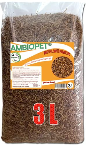 Ambiopet getrocknete Mehlwürmer in 3L Abpackung, Protein- und fettreich, verfeinert und gesiebt, für Fische, Nager, Vögel, Reptilien, auch Koifutter oder Igelfutter