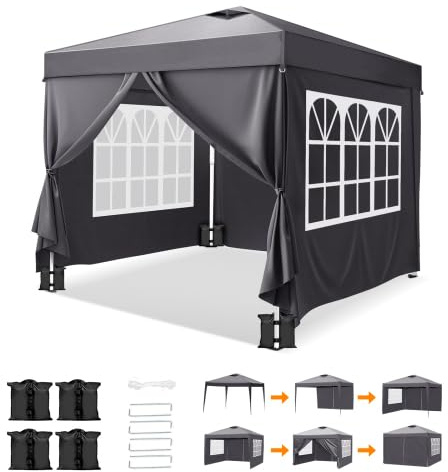 Bonnlo Gazebo da Giardino Pieghevole 3x3 Impermeabile con 4 Pareti Laterali | Tenda, Tenda da Ombra, Tendone da Giardino Esterno con Zip per Feste ed Eventi, Borsa da Trasporto Inclusa (Grigio)