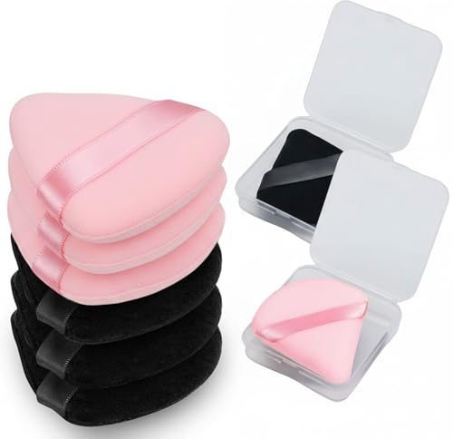 Mezrkuwr 6 Piezas de Borlas de Polvo Triangulares con 2 Estuches de Viaje, Borla para Polvo Facial y Base, Suave Borla de Terciopelo para Polvo Suelto (Negro/Rosa)