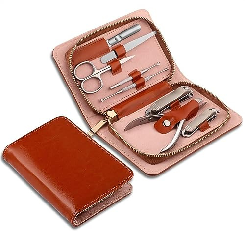 Manikyrkit Manikyrset, professionell nagelklippningssats Manikyrsats, 8 st nagelvårdssats i rostfritt stål Pedikyrvårdssats, med resefodral läder Resa(Bruin)