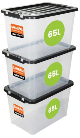 SAFARIPAK 3 x 65 Litre Stackable Clear Plastic Storage Boxes with Lids, Clip-Lock Lid, Sturdy Space Saving Nestable Box, Lidded Containers for Home, Kitchen, Moving, Garage, Office & Organisation