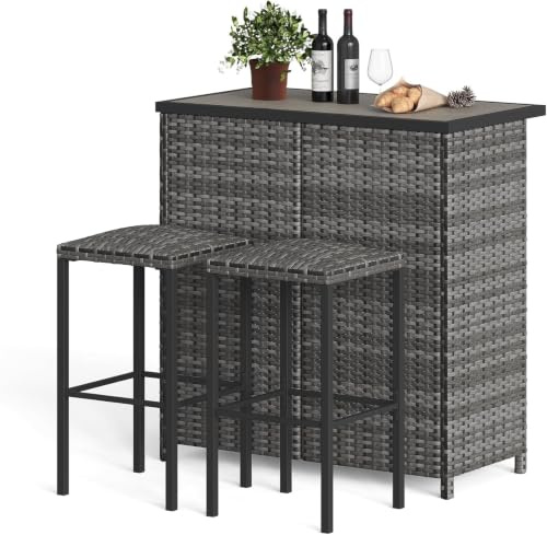 Polyrattan Garten-Barset, 3-teiliger Bartisch, Polyrattan Gartenbar Set Gartenmöbel-Sitzgruppe, Rattan-Bar, Tresen Theke Tisch Barset Bartisch Stehtisch Gartentheke Barhocker Bar-Stuhl Sitzgruppe