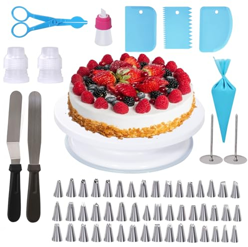 Tortenplatte Drehbar, Uten Torten Zubehör Set 62 Teillig mit Spritztüllen, Spatel, Spritzbeutel, Blumennägel, Schaber, Kuchen Set für Anfänger und Profi Backzubehör