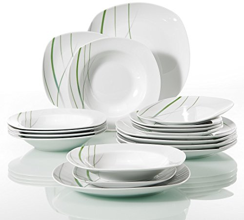 VEWEET 'Aviva' 18-Piece Dinner Set - Ivory White Combination Sets with Green Lines - Porcelain Plates Set of 9.75 Dinner, 7.5 Dessert, 8.5 Soup Plates Service for 6