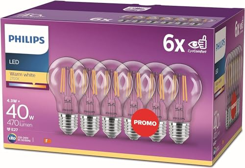 Philips LED Classic E27 Filament Lampen 6-er Pack (40 W), LED Lampen mit warmweißem Licht, energiesparende LED Beleuchtung mit langer Nutzlebensdauer, Warmweiß