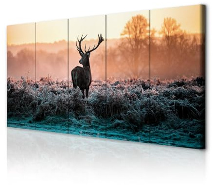 decomonkey Wandbilder Hirsch Winter 200x80 cm 5 Teilig Leinwandbilder Sonne | Bild auf Leinwand, Kunstdruck, Wanddeko, Wohnzimmer, Wanddekoration, Tiere, Natur, Landschaft