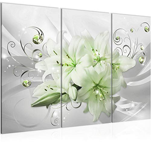 Runa Art Wandbilder Blumen Lilien Bild XXL Wohnzimmer Schlafzimmer Grün Grau Abstrakt 120 x 80 cm 3 Teilig 019831c