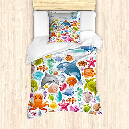 ABAKUHAUS tropisch Tiere Bettbezug Set, Ozean-Fauna Entwurf, Milbensicher Allergiker geeignet mit Kissenbezügen, 135 cm x 200 cm - 80 x 80 cm, Mehrfarbig