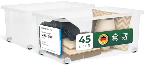 Novaliv 2x Aufbewahrungsboxen ohne Deckel Groß 45L transparente Nestbar stapelbar Rollboxen Kunststoff BPA-frei 59x39x25 cm
