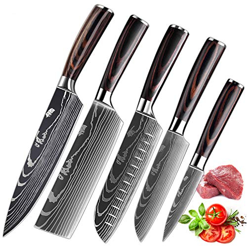KEPEAK Couteau de Cuisine, Couteaux de Cuisine Tranchants en Acier Inoxydable Multi-Tailles avec Poignée Confortable, Couteau de Chef Anti-Rouille pour Cuisine/Restaurant (5pcs)