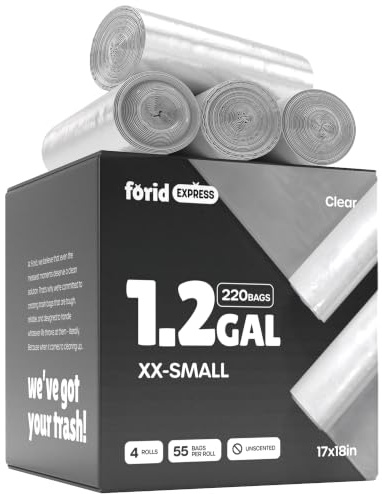 FORID Clear Small Trash Bags, 1.2 Gallon Garbage Bags, Wastebasket Bin Liners 220 Count Plastic Trash Bags for Bathroom Bedroom Office Garbage Can 5 Liters - Durable & Thick Trash Bag