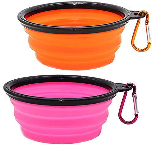 Zusammenklappbarer Hundenapf, zusammenklappbarer Wassernapf für Hunde und Katzen, tragbarer Futternapf für Haustiere, Bewässerungsschale, tragbarer Hundenapf mit Karabiner (klein, rosa + orange)