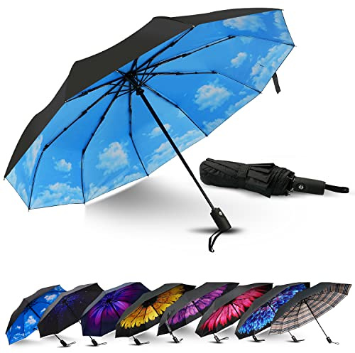 LLanxiry Compact Travel Umbrella, Automatic Open/Close Windproof Umbrella, 10 Fiberglass Ribs, 210T Pongee, UPF 50+ Sun/Rain, Lightweight Portable Umbrellas Travel Size with Carry Sleeve