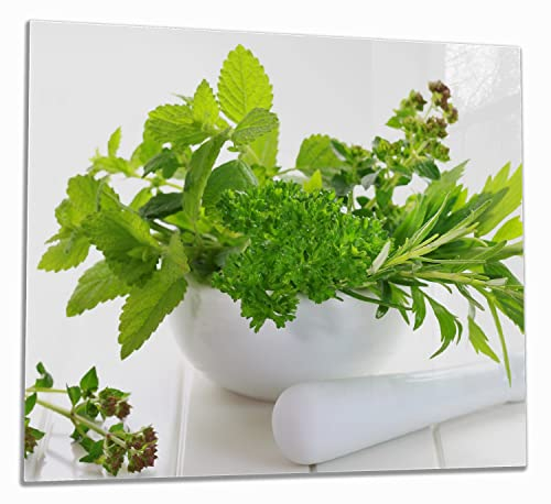 Wallario Herdabdeckplatte/Spritzschutz aus Glas, 1-teilig, 60x52cm, für Ceran- und Induktionsherde, Welt der Kräuter - Verschiedene Kräuter in einem weißen Mörser