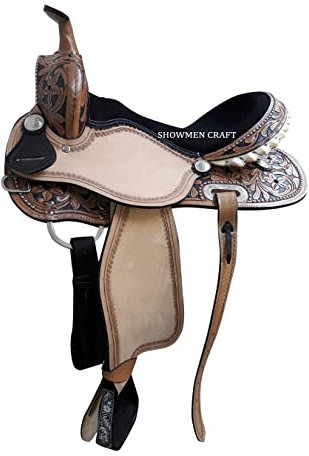 SHOWMEN CRAFT Western Saddle Barrel Racing Style Sillín con cuero neutro con cabecera y cuello de pecho (13 pulgadas)