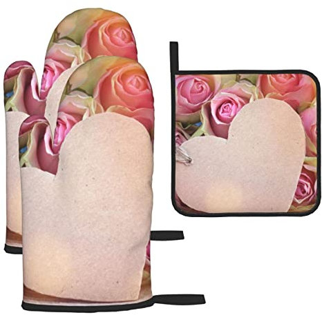 Set di 3 guanti da forno stampati a forma di cuore e presine con cordino, guanti resistenti al calore, set di supporti per cucina e forno guanti da cucina