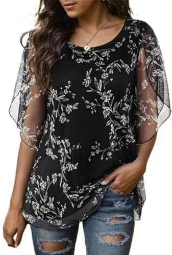 Timuspo Damen Halbe Glocke Ärmel Chiffon Bluse Tuniken Rundhalsausschnitt Doppel Schicht Sommer Casual Loose Fit Tops