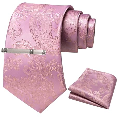 JEMYGINS Herren Paisley Krawatten set mit Krawattenklammer und Einstecktuch,Rosa Dame