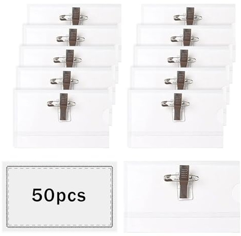 JurciCat 50 Pièces Badge Personnalisable Badge Personnalisé Badge Plastique Avec Des Étiquettes D'Insertion Blanches Avec Clip Et Épingle PVC Transparent Pochette D'Identité (9 x 5.6cm)