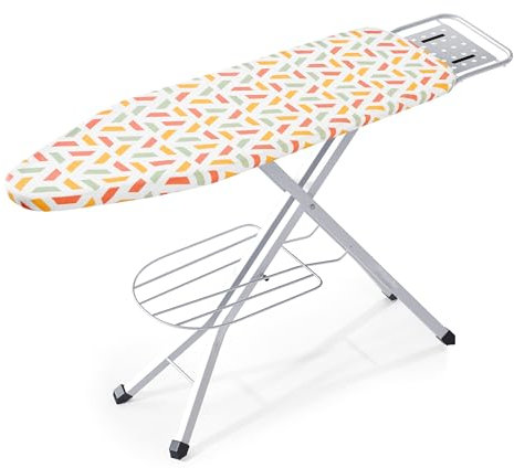 BKTD Ironing Board, Heat Resistant Cover Iron Board with Steam Rest, Non-Slip Foldable Ironing Stand. Heavy Sturdy Metal Frame Legs Iron Stand(13 * 34 * 53 Inches) (Geometric White)