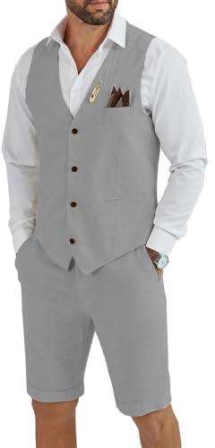 Tiefony Men's Linen 2 Piece Suit Slim Fit Wedding Groom Groomsmen Summer Vest Shorts Set