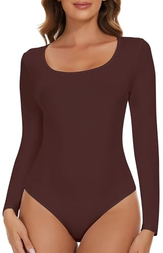 SHAPERIN Långärmad Bodysuit Dam Rund Hals Bodysuit Toppar Elegant Bodysuit Suits Roun Neck Women Casual, Brun, M