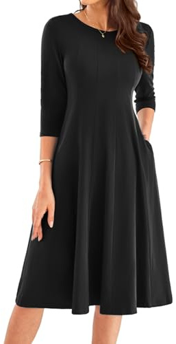GRACE KARIN Klänningar dam elegant rund hals midiklänningar A-linje 3/4 ärm fritidsklänning casual, svart, L
