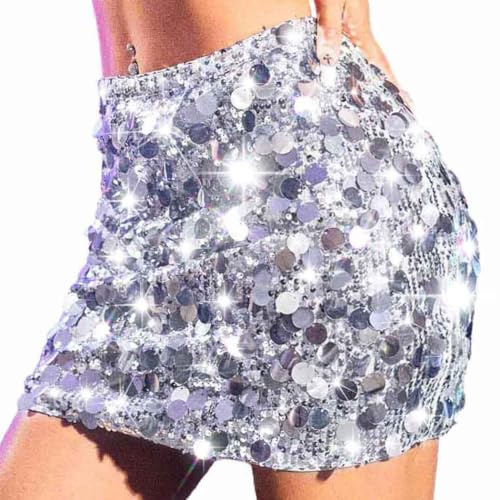 Evlry Jupe à Paillettes argentée, Mini-Foulard Scintillant, Tenue de fête, Moulante, pour Femmes et Filles